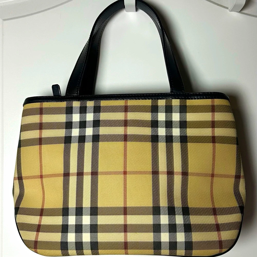 Burberry Yellow Tan Plaid Tote with Black Handles